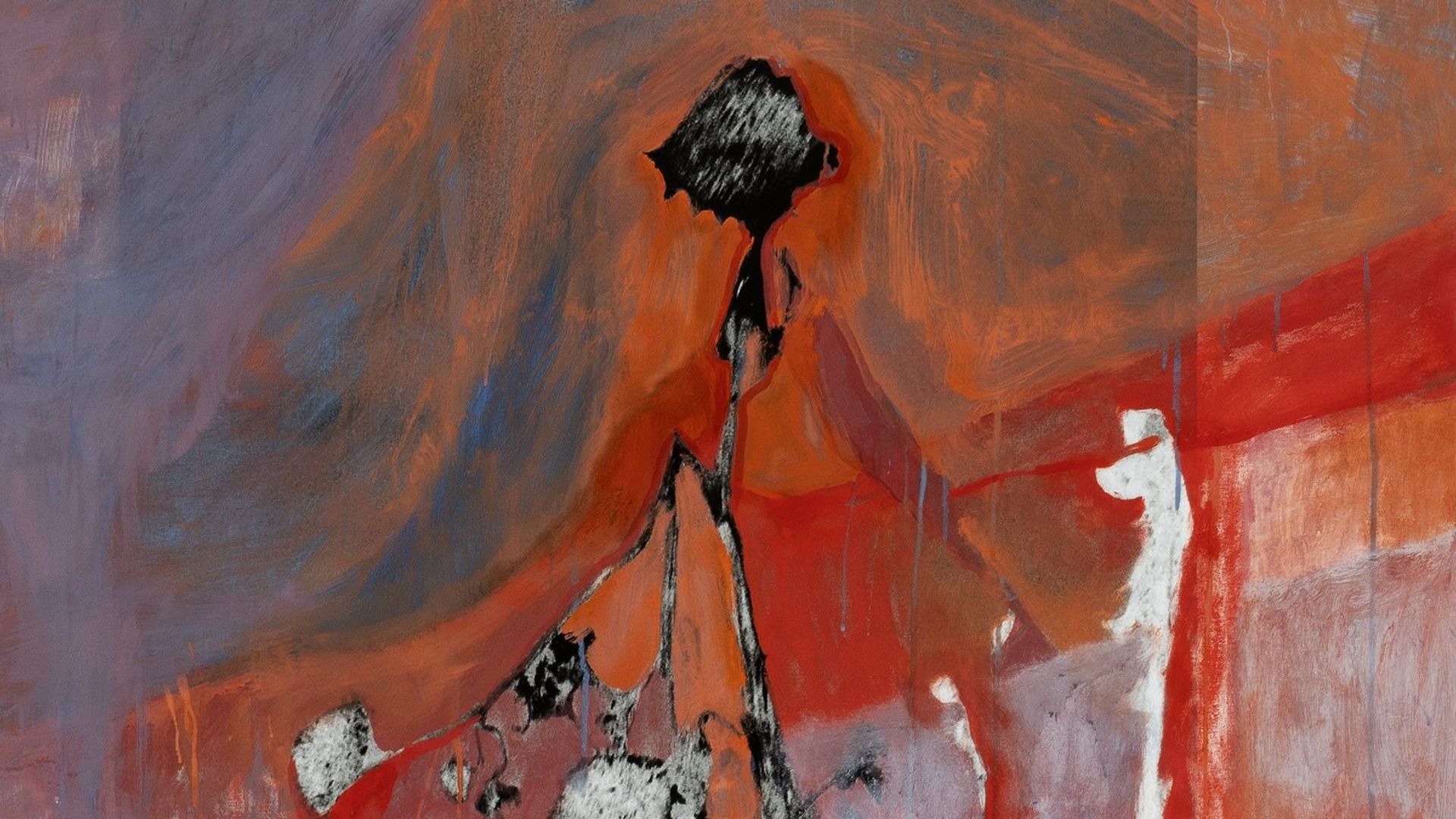 Gemälde: Im Zentrum des Bildes steht ein schemenhafter schwarz-weißer Umriss, verwoben mit bläulich-orangenen und roten Linien und Farbfeldern, die Wärme und Kälte ausstrahlen.