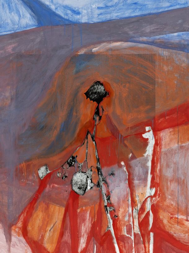 Gemälde: Im Zentrum des Bildes steht ein schemenhafter schwarz-weißer Umriss, verwoben mit bläulich-orangenen und roten Linien und Farbfeldern, die Wärme und Kälte ausstrahlen.