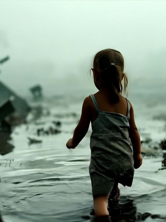 Susann Maria Hempel, Hoperoad, 2025 Filmstill: Ein kleines Kind, von hinten zu sehen, wie es durch flaches Wasser mit verstreuten Trümmerteilen geht. Das Bild ist von einem rechteckigen Rahmen aus braunem Karton umgeben, als würde man durch ein Sichtfenster schauen. Die Umgebung wirkt neblig und unklar.