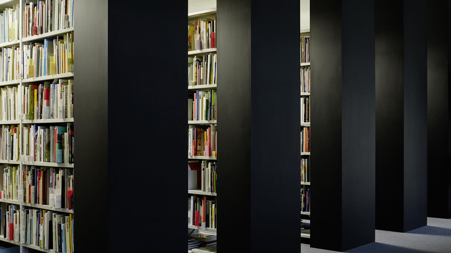 Foto: Parallel angeordnete raumhohe Regale mit Büchern.