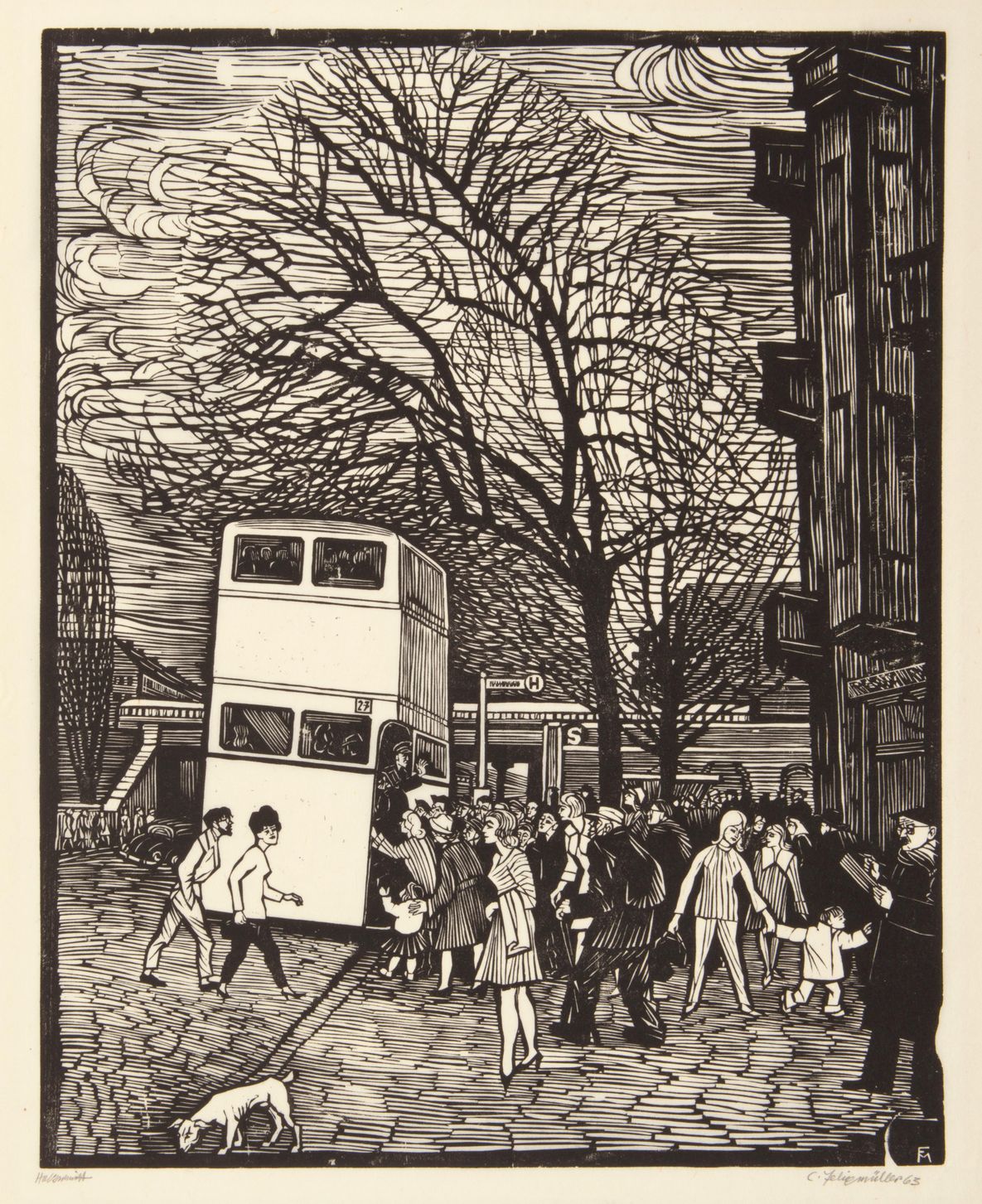 Berlin, Bus-Haltestelle Köpenick, 1963, Holzschnitt auf Japan Berlin, Bus-Haltestelle Köpenick, 1963, Holzschnitt auf Japan