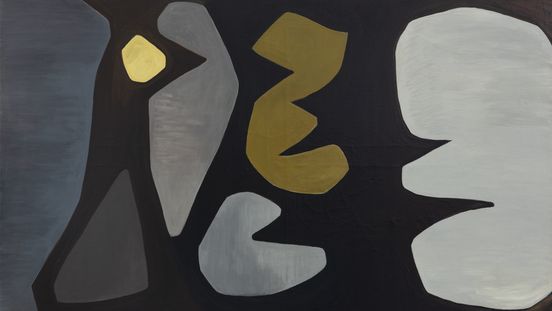 An abstract painting by the artist featuring grey, blue and yellow shapes against a black background
