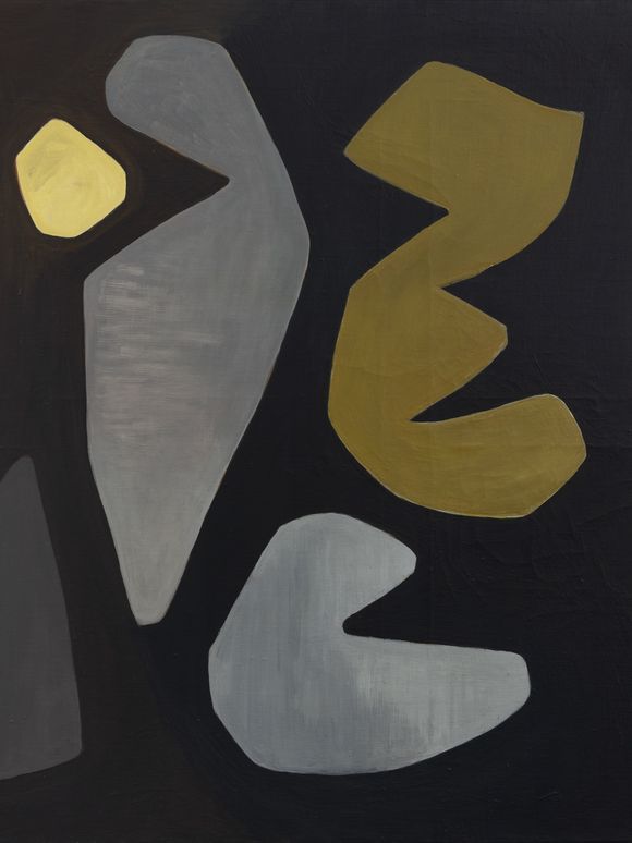 Painting: Large, abstract, rounded shapes in greyish, bluish and greenish-yellow tones against a dark grey background.