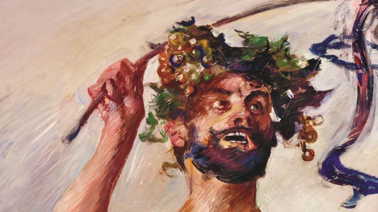Painting: The painting depicts a bare-chested figure, interpreted as male, wearing a wreath of vines on their head, holding a musical bell in one hand and a wooden staff wrapped in colourful fabric in the other.