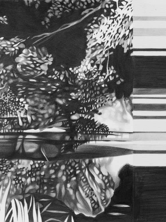 Slightly blurred black-and-white work depicting tree- and plant-like ornaments that are mirrored towards the centre of the image.