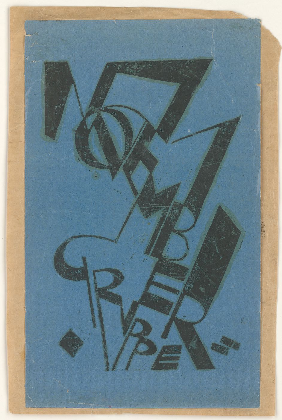 Typografischer Entwurf von Moritz Melzer, Druckgrafik und Druckfarbe auf blauem Hochglanzpapier, 35,5 x 21,5 cm