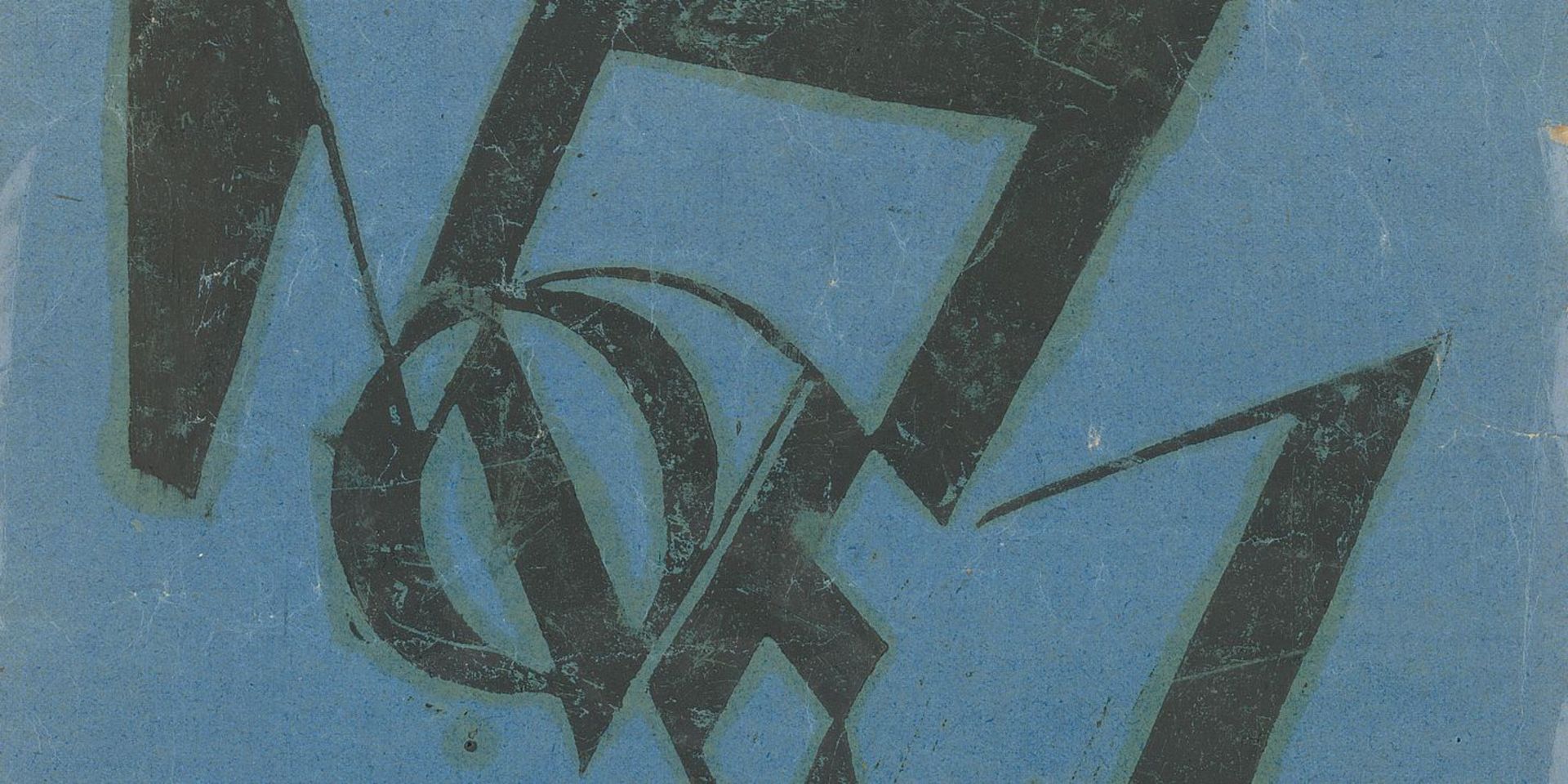 Typografischer Entwurf von Moritz Melzer, Druckgrafik und Druckfarbe auf blauem Hochglanzpapier, 35,5 x 21,5 cm