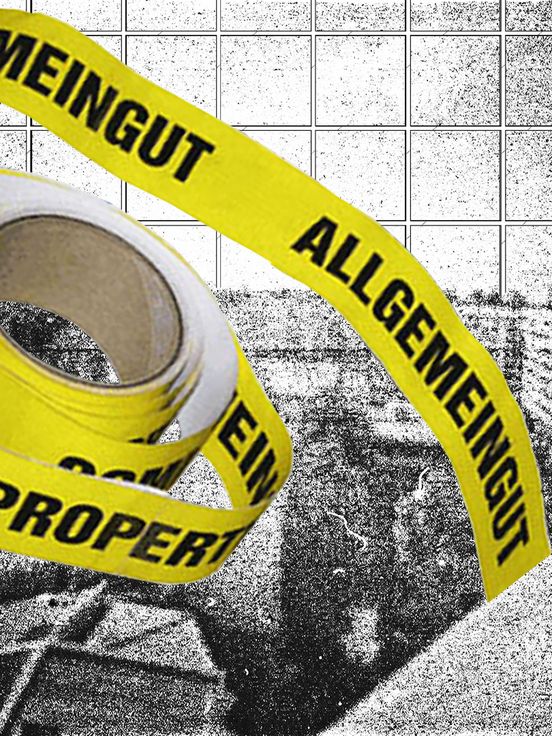 Collage: Parts of the Kotti (Kottbusser Tor) building and tiles can be seen in black and white print. The foreground shows a bright yellow adhesive roll with the inscription "Allgemeingut / Common Property".