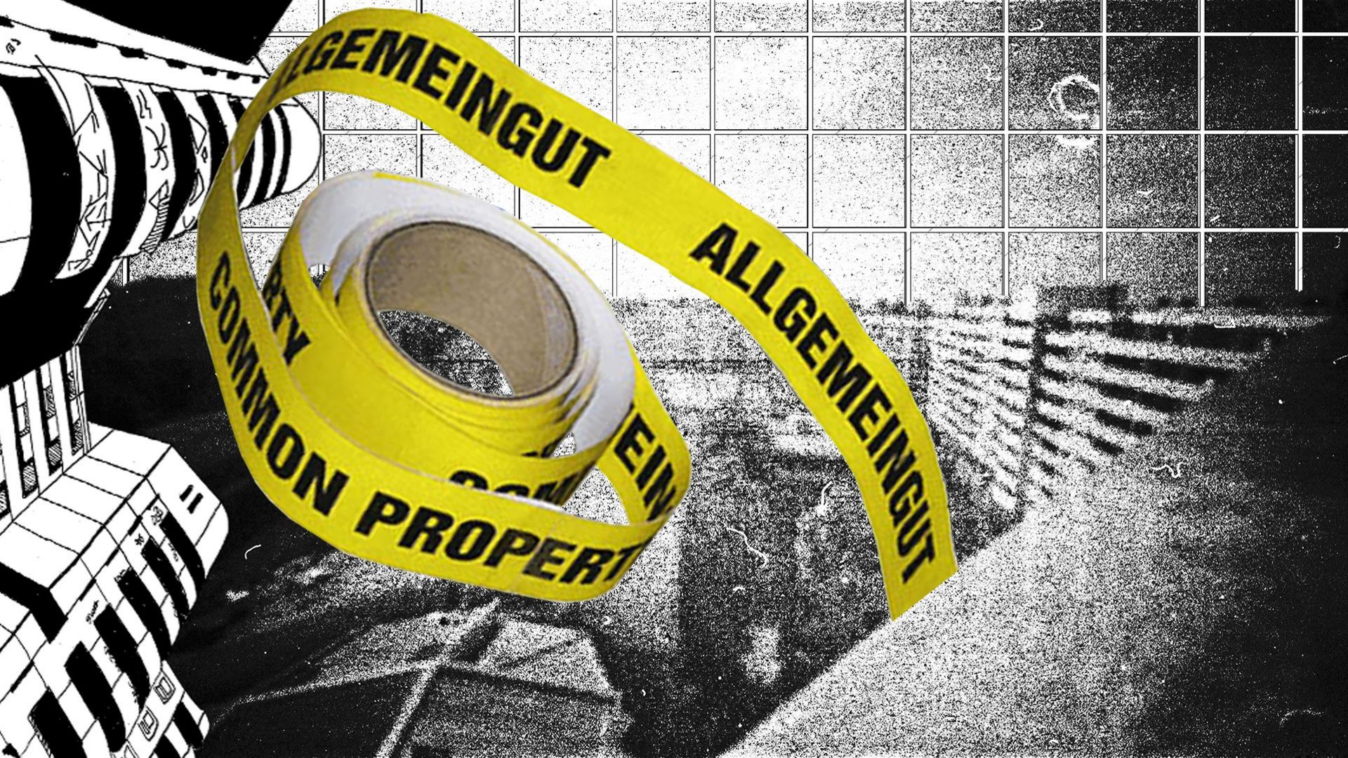 Collage: Parts of the Kotti (Kottbusser Tor) building and tiles can be seen in black and white print. The foreground shows a bright yellow adhesive roll with the inscription "Allgemeingut / Common Property".
