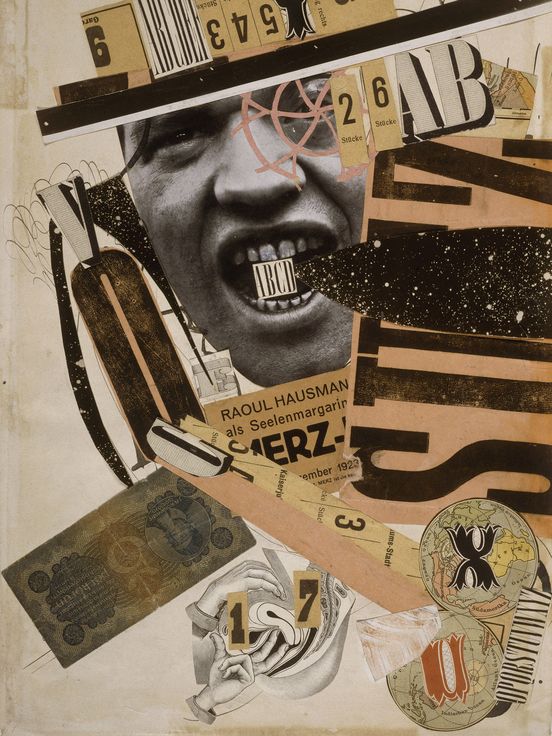 Collage von Raoul Hausmann, bestehend aus verschiedenen ausgeschnittenen Elementen, gehalten in gelblichen Farben.