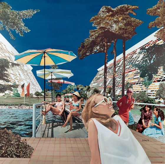 Collage einer futuristischen Uferanlage mit Menschen unter Sonnenschirmen, Palmen und großen terrassenförmigen Gebäuden vor tiefblauem Himmel
