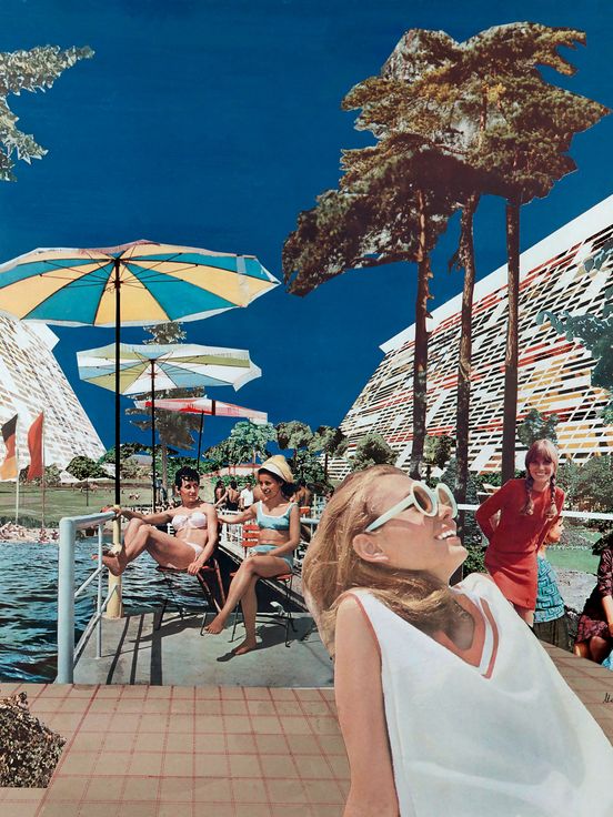 Collage einer futuristischen Uferanlage mit Menschen unter Sonnenschirmen, Palmen und großen terrassenförmigen Gebäuden vor tiefblauem Himmel