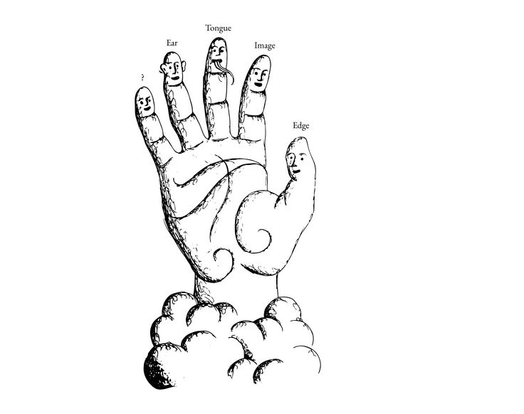 Zeichnung: Vorderansicht einer Hand-Innenfläche mit gespreitzten Fingern. Die Fingerkuppeln haben lächelnde Gesichter. Über den einzelnen Fingern steht jeweils 'Edge', 'Image', 'Tongue', 'Ear' und ein Fragezeichen. 