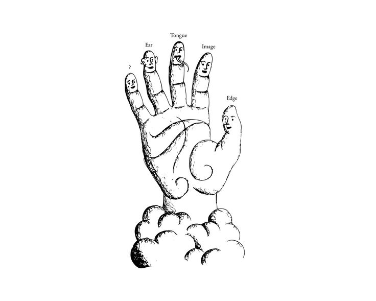 Announcement image for the performance tour “What is an edge?” Drawing: Front view of the palm of a hand with splayed fingers. The finger domes have smiling faces. ‘Edge’, ‘Image’, ‘Tongue’, ‘Ear’ and a question mark are written above the individual fingers.