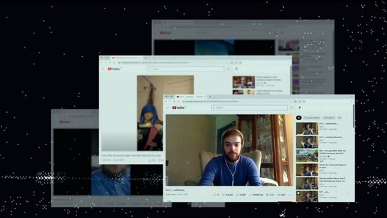 Video still: Das Still zeigt verschiedene Youtube-Screenshots im Querformat auf einem schwarzen Hintergrund, darüber liegt ein weißliches Punkte-Raster.