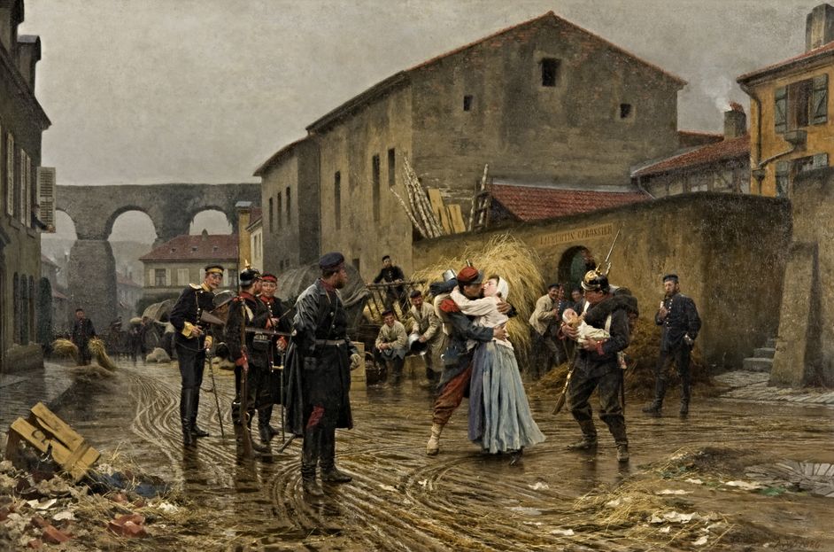 Anton von Werner, Kriegsgefangen (Oktober 1870), 1886 Gemälde von Anton von Werner, Öl auf Leinwand, 106 x 157 cm