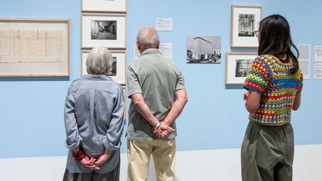 Photo: Snapshots of the opening, showing people either inside the exhibition rooms or in the outdoor area of the Berlinische Galerie.