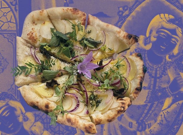 TDD Bon Appétit, Collage Collage of two pizzettes topped with vegetables, herbs and purple flowers on a negative of a photograph in bright purple.