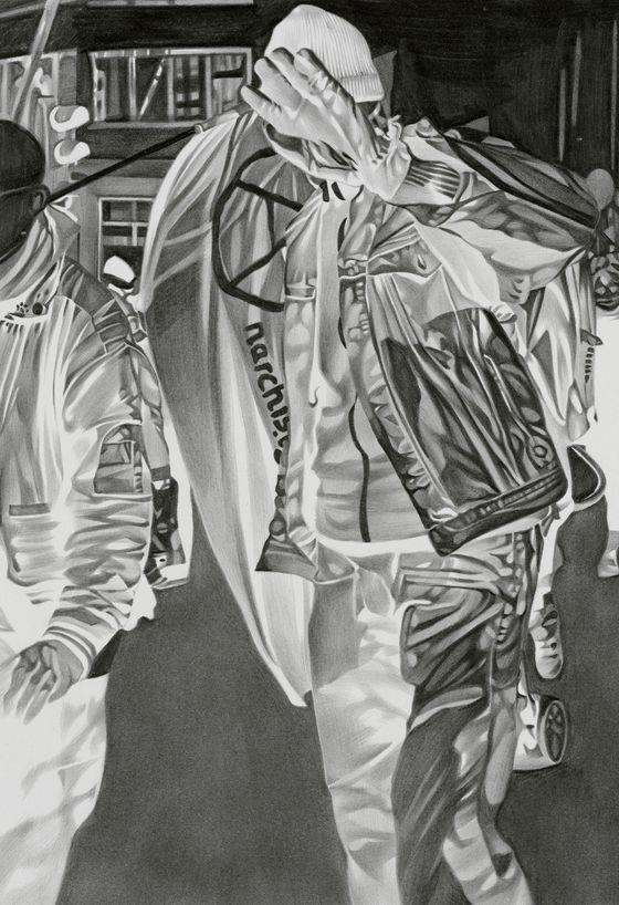 Black-and-white inverted drawing by the artist on paper. The motif is a demonstrator wearing an Antifa cape.