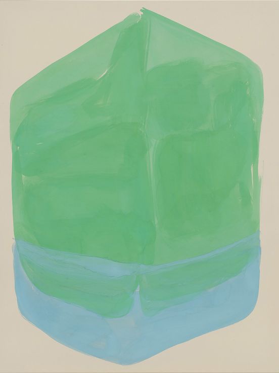 Abstraktes Gemälde einer quadratischen Form in grüner und blauer Farbe auf beige-farbenem Hintergrund.