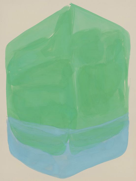 An abstract painting in a square shape, featuring green and blue colors on a beige background.