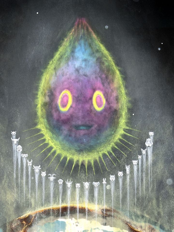 Böhler & Orendt: Assembly, (Drawing from the series:) The Spirit of the B·U·D or The Sweet Certainty of Deliverance from the Darkness that Surrounds Us (detail), 2021 (acrylic, ink, pastel and inkjet print on watercolour paper), Courtesy Böhler & Orendt