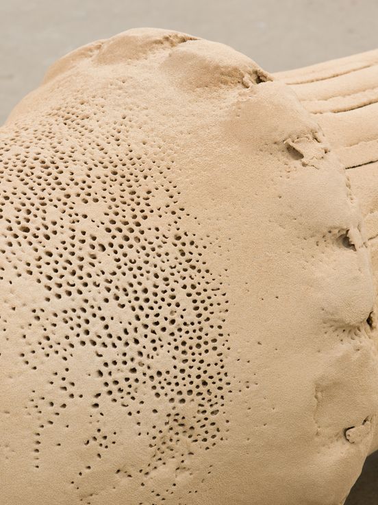 Photo: A close-up of a sand sculpture lying on the ground.