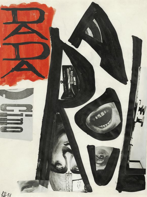Collage: Collage by the artist Raoul Hausmann with photo cut-outs and large black letters forming the words “Raoul” and “Dada”. The colours of the collage are black, grey and bright red on a cream background.