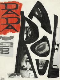 Collage: Collage des Künstlers Raoul Hausmann mit Foto-Ausschnitten und großen schwarzen Buchstaben, die die Worte 'Raoul' und 'Dada' bilden. Die Farben der Collage sind schwarz, grau und leuchtend rot auf einem cremefarbenen Hintergrund. 