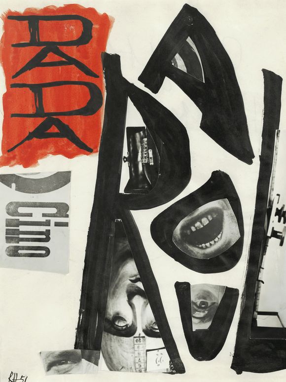 Collage: Collage des Künstlers Raoul Hausmann mit Foto-Ausschnitten und großen schwarzen Buchstaben, die die Worte 'Raoul' und 'Dada' bilden. Die Farben der Collage sind schwarz, grau und leuchtend rot auf einem cremefarbenen Hintergrund. 
