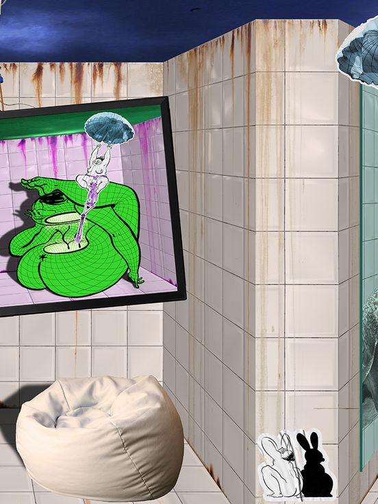 Header image: Various figures, partly skeleton-alike and in bright lilac and green colours, find themselves in a tiled room with two beanbags. The font on the right wall reads the title of the festival’s 2024 edition.