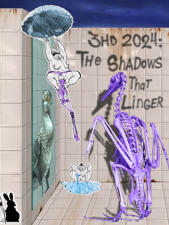 Header image: Various figures, partly skeleton-alike and in bright lilac and green colours, find themselves in a tiled room with two beanbags. The font on the right wall reads the title of the festival’s 2024 edition.