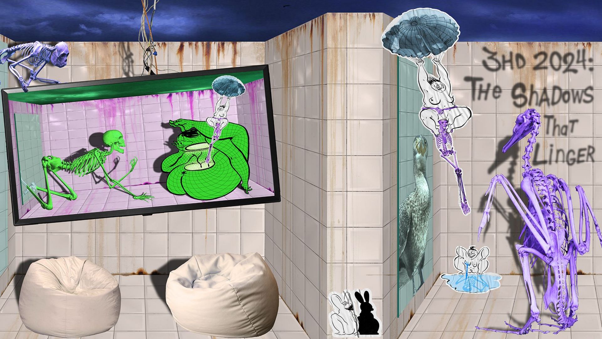 Header image: Various figures, partly skeleton-alike and in bright lilac and green colours, find themselves in a tiled room with two beanbags. The font on the right wall reads the title of the festival’s 2024 edition.