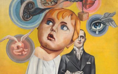 A bride with an oversized childlike head and questioning gaze wears a white dress. Beside her stands a stiff, motionless groom. They are surrounded by symbolic objects such as a winged box, a teardrop-shaped eye, a baby, and a heart chained to a block. It seems to be a surreal scene.