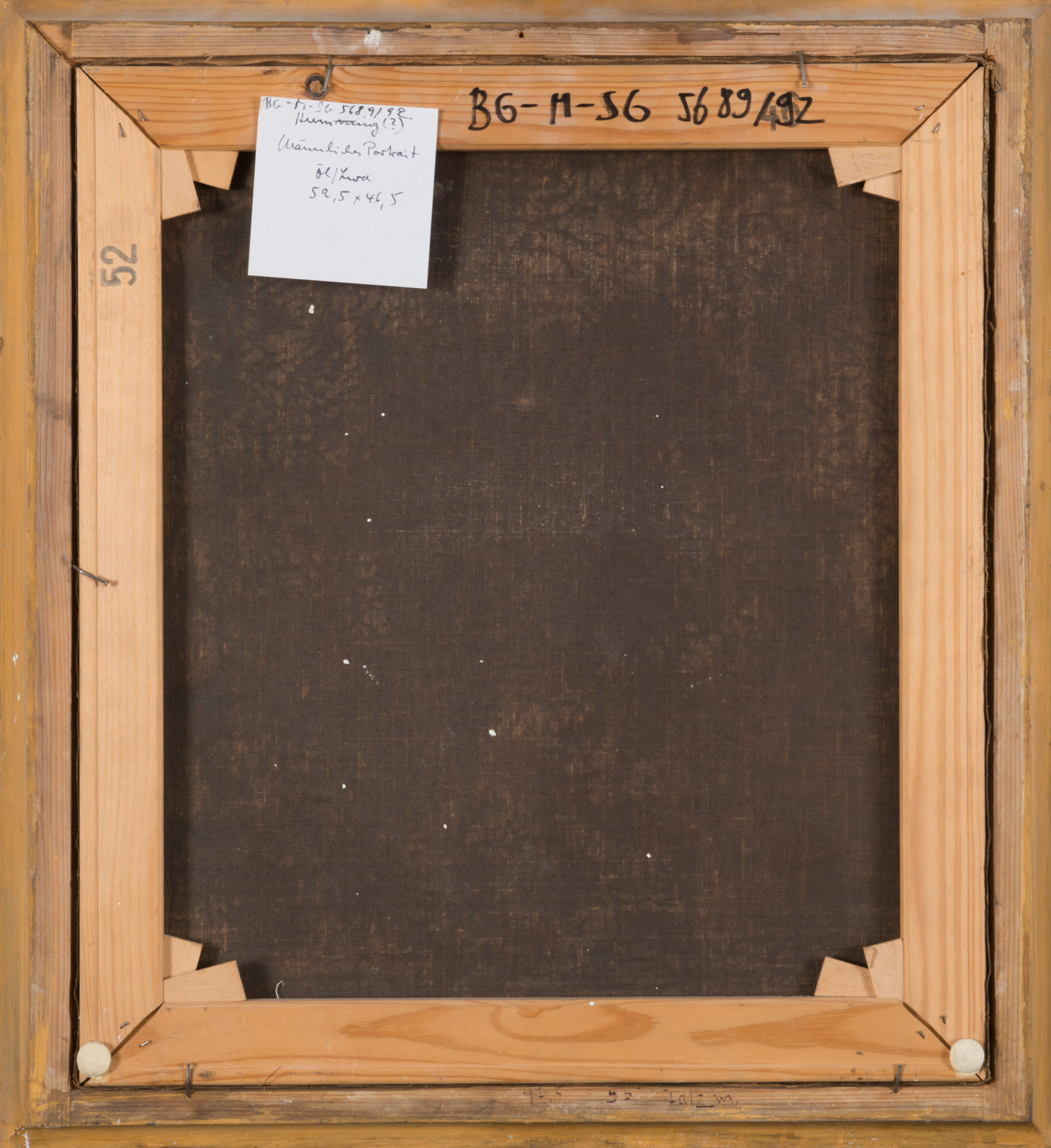 Rückseite einer Leinwand, in Holzrahmen gespannt, 59,5 x 46,5 cm