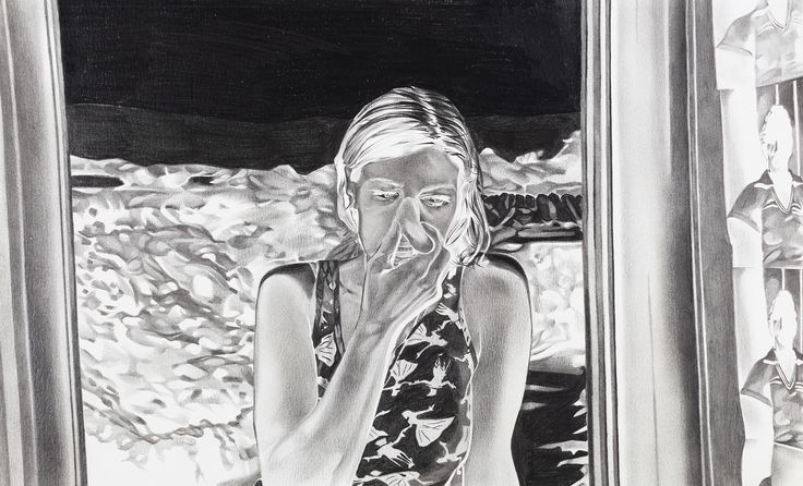Schwarz-weiß invertierte Zeichnung des Künstlers auf Papier. Motiv ist eine Frau vor einem offenen Fenster, die sich eine Spielzeugnase aufsetzt.