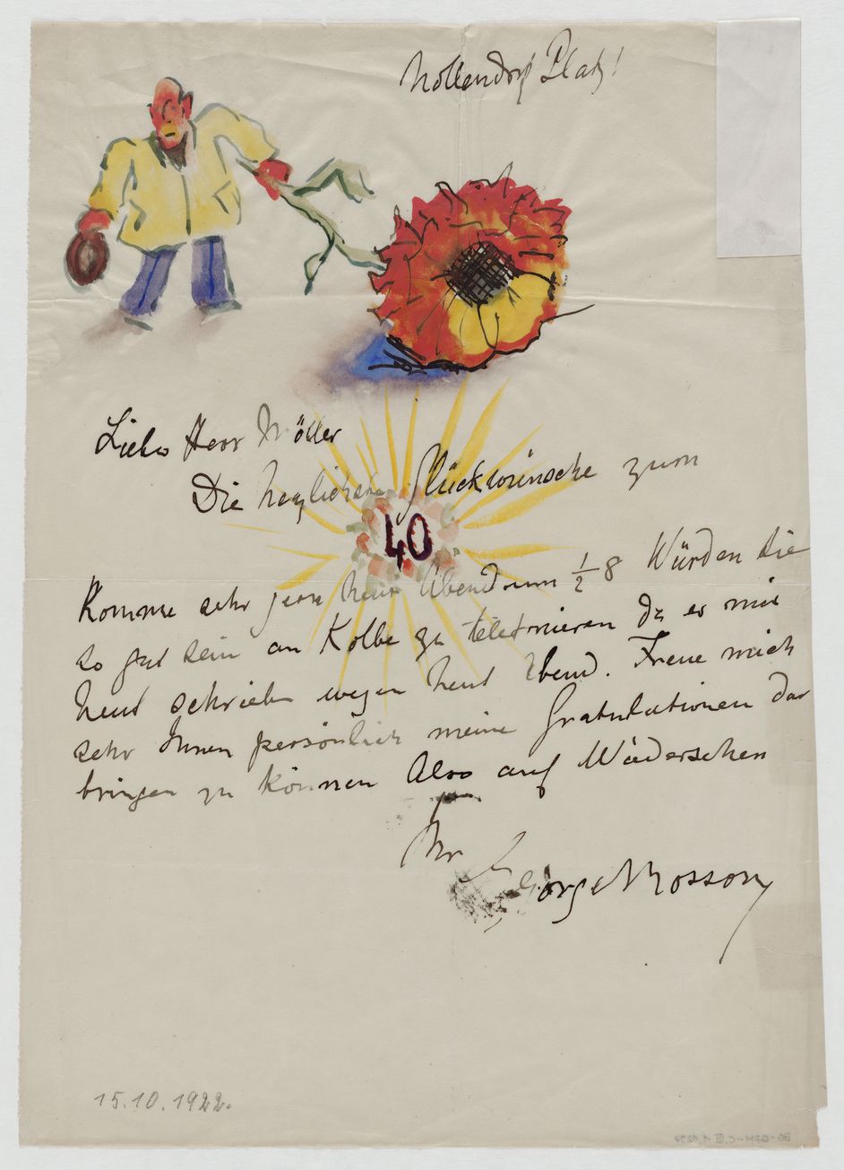 Korrespondenz zwischen der Galerie Ferdinand Möller und dem Künstler Georg Mosson. Berlin, 1922 Brief handbeschrieben und mit Grafik
