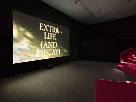 View of the video room with projection of the work onto a screen