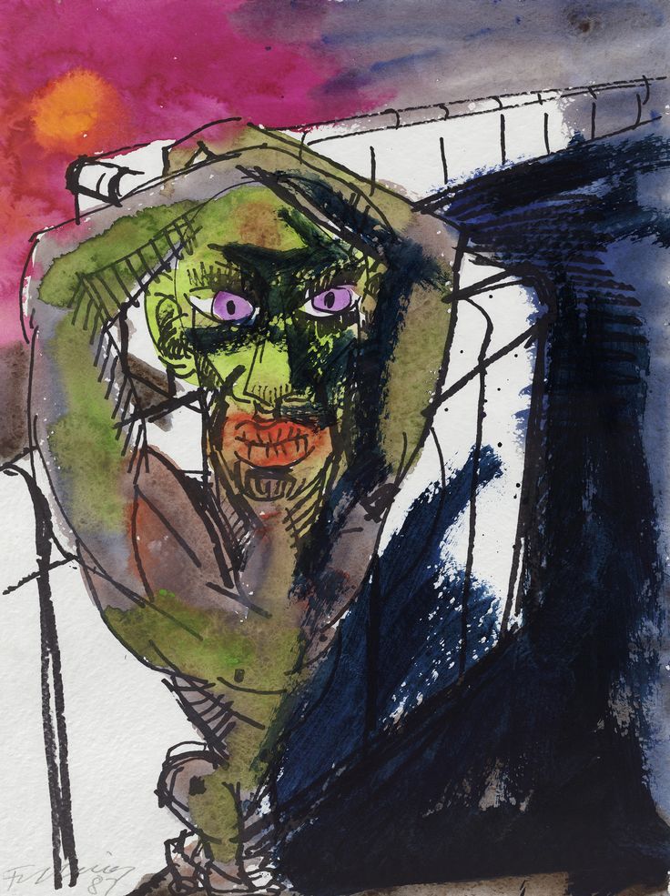 Rainer Fetting, Figur an der Mauer, 1987, Aquarell und Kreide, Blattmaß: 72 x 54 cm, © Rainer Fetting, Foto: Anja Elisabeth Witte