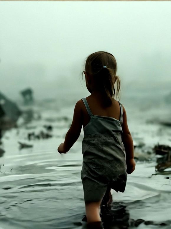 Film still: A small child seen from behind, walking through shallow water with scattered debris. The image is surrounded by a rectangular frame made of brown cardboard, as if viewed through a window. The surroundings appear foggy and indistinct.