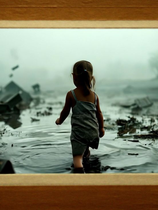 Film still: A small child seen from behind, walking through shallow water with scattered debris. The image is surrounded by a rectangular frame made of brown cardboard, as if viewed through a window. The surroundings appear foggy and indistinct.
