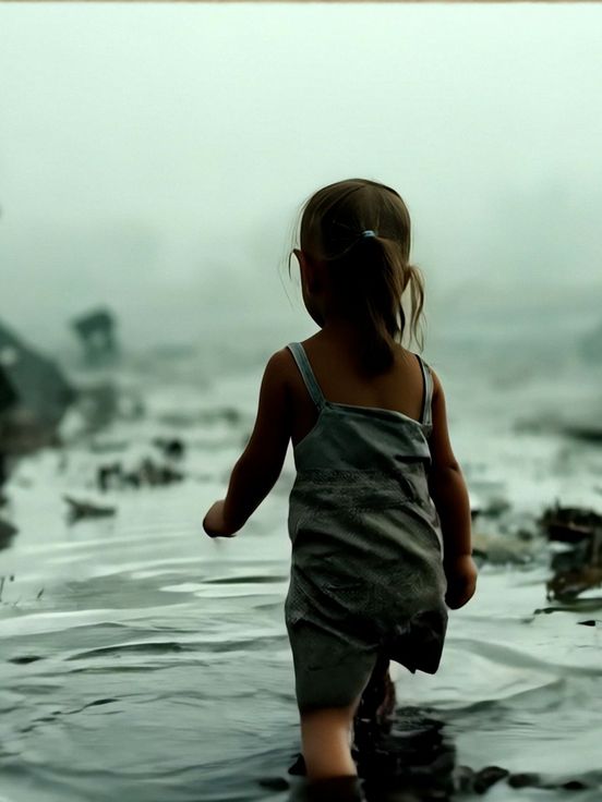 Film still: A small child seen from behind, walking through shallow water with scattered debris. The image is surrounded by a rectangular frame made of brown cardboard, as if viewed through a window. The surroundings appear foggy and indistinct.
