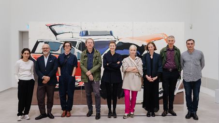 Tamina Amadyar (Künstlerin), Thomas Köhler (Direktor, Berlinische Galerie), Christine Streuli (Künstlerin), Olaf Holzapfel (Künstler), Stefanie Heckmann (Leitung Sammlung Bildende Kunst und Kuratorin der Ausstellung), Tatjana Doll (Künstlerin), Zora Mann (Künstlerin), Peter Stauss (Künstler) und Philip Grözinger (Künstler)