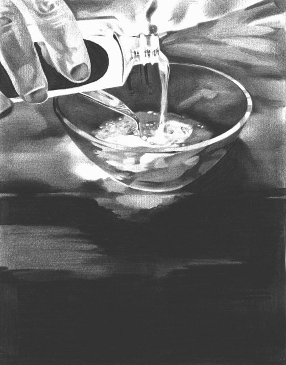 Black-and-white inverted drawing by the artist on paper. The motif is a glass into which alcohol is presumably being poured.