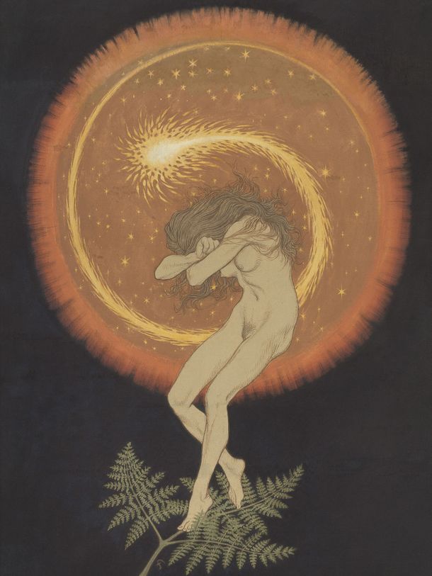 Artwork: A naked, female-read figure stands on a fern with her head resting on her folded arms. In the background, a sun-like, orange-yellow shape can be seen on a black background.