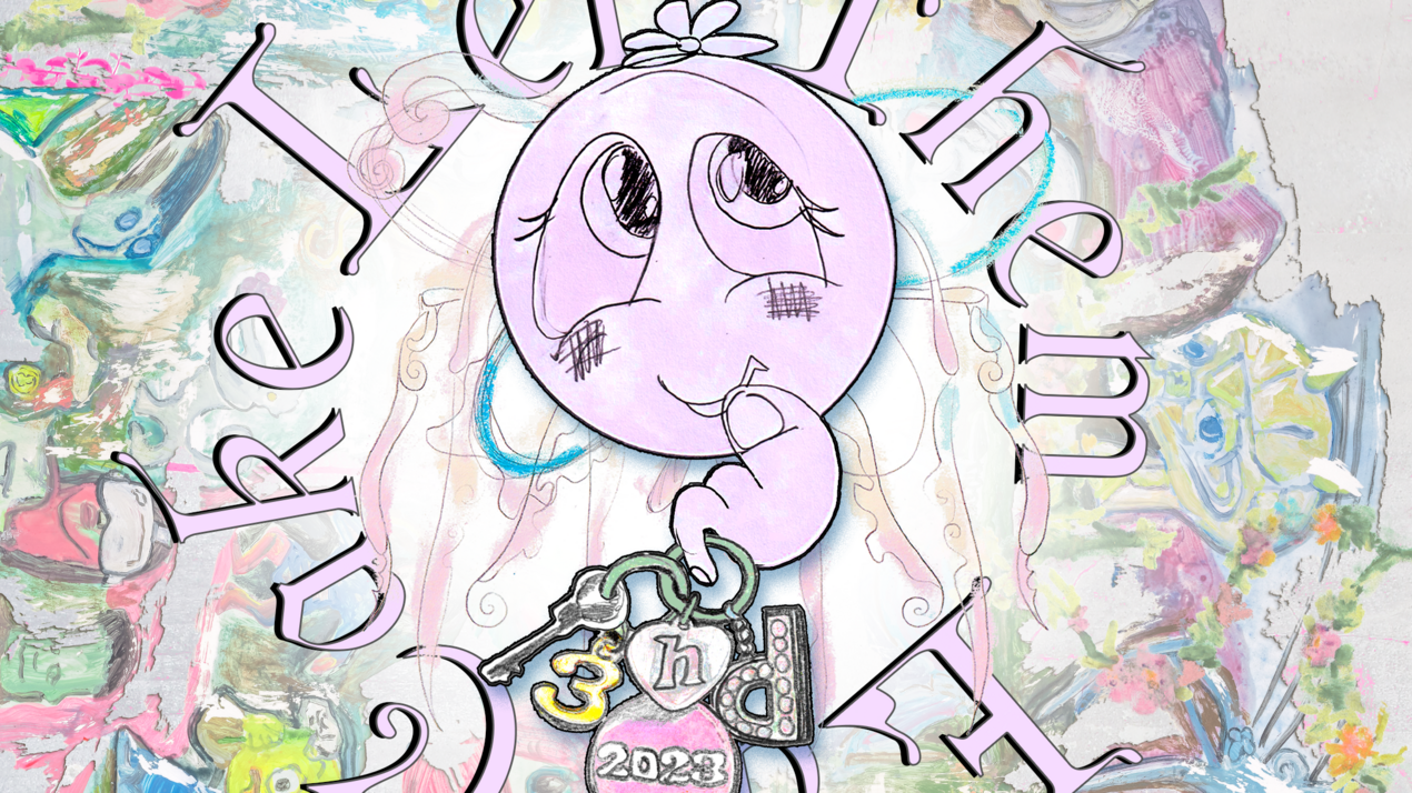 Ankündigungsgrafik: Vor buntem Hintergrund steht in rosa Schrift „Let Them Eat Cake“ sowie „3hd 2023“. Der Schriftzug des Titels legt sich kreisförmig um einen lächelnden rosa Smiley.