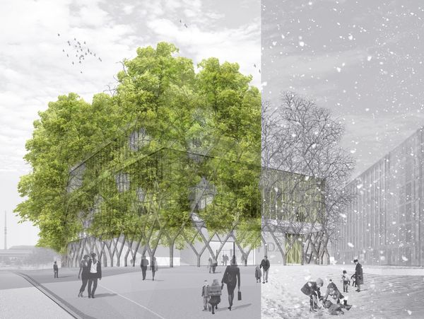 Digital model: The model shows an overgrown building whose two halves each represent a season, summer and winter. Small groups or individual people can be seen on the forecourt of the building.