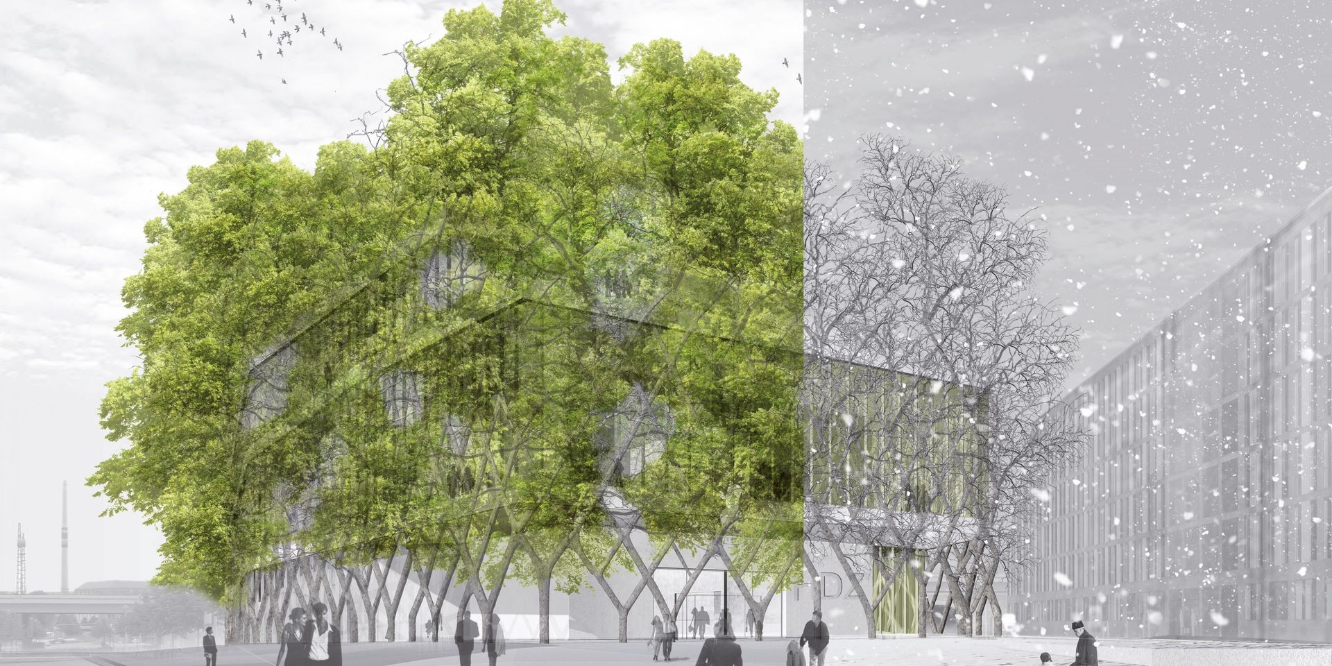 Digitales Modell: Das Modell zeigt ein bewachsenes Gebäudes, dessen beide Hälften jeweils eine Jahreszeit, Sommer und Winter, darstellen. Auf dem Vorplatz des Gebäudes sind kleine Grüppchen oder einzelne Personen zu sehen.
