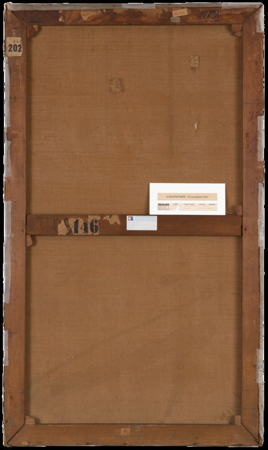Rückseite einer Leinwand, in Holzrahmen eingespannt, 146 x 86 cm