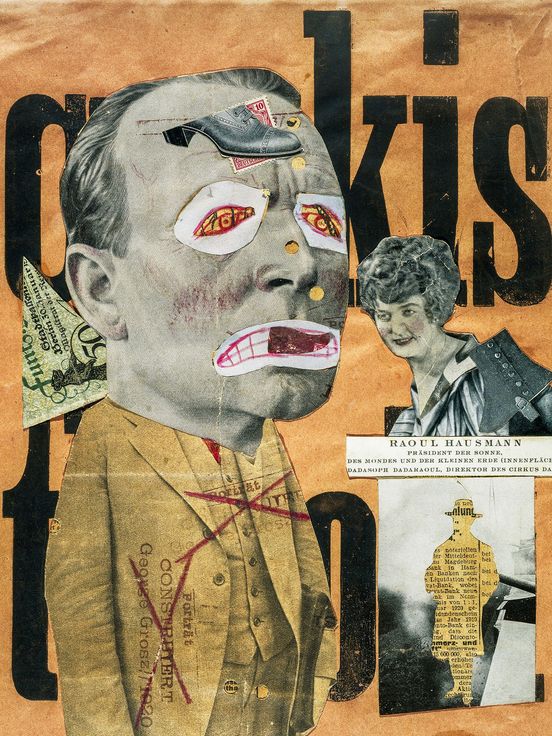 Collage von Raoul Hausmann mit ausgeschnittenen Bildern und Fotografien sowie schwarzer Schrift auf einem orange-farbenen Hintergrund.